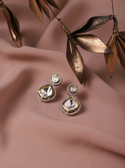 Clear Stone Kundan Earrings with Diamond Detailing- Ruby Raang | Swadesiicart