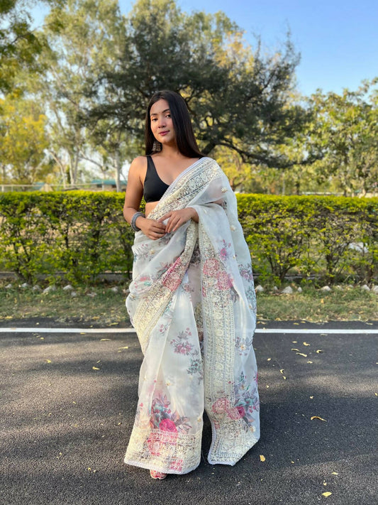 Vamsee White Organza Saree - Swadesiicart