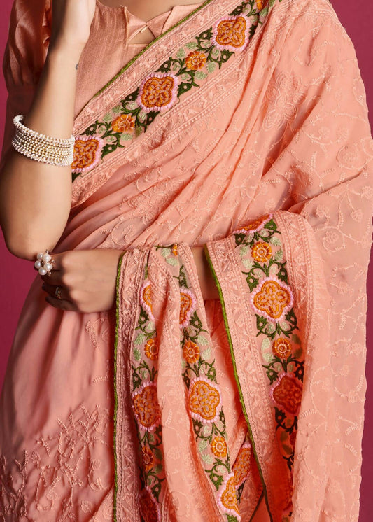 Vamsee Peach Georgette Designer Saree - Swadesiicart