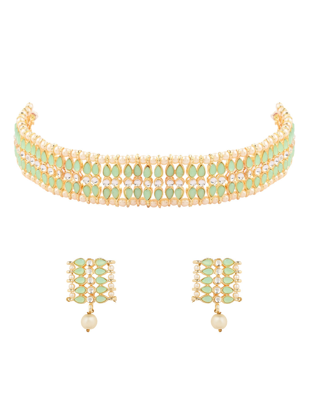 Gold-Polished Traditional Kundan Pearl Choker Necklace Jewellery Set For Women And Girls - Wahe Jewels - Swadesiicart