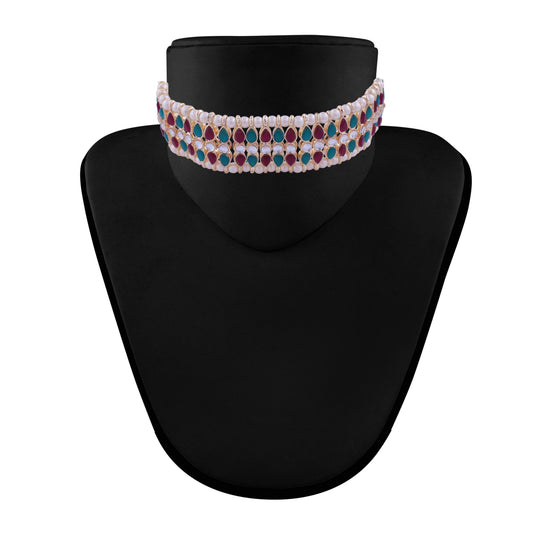 Gold-Polished Traditional Peach Pearl & Kundan Studded Choker Necklace Jewellery Set For Women/Girls - Wahe Jewels - Swadesiicart