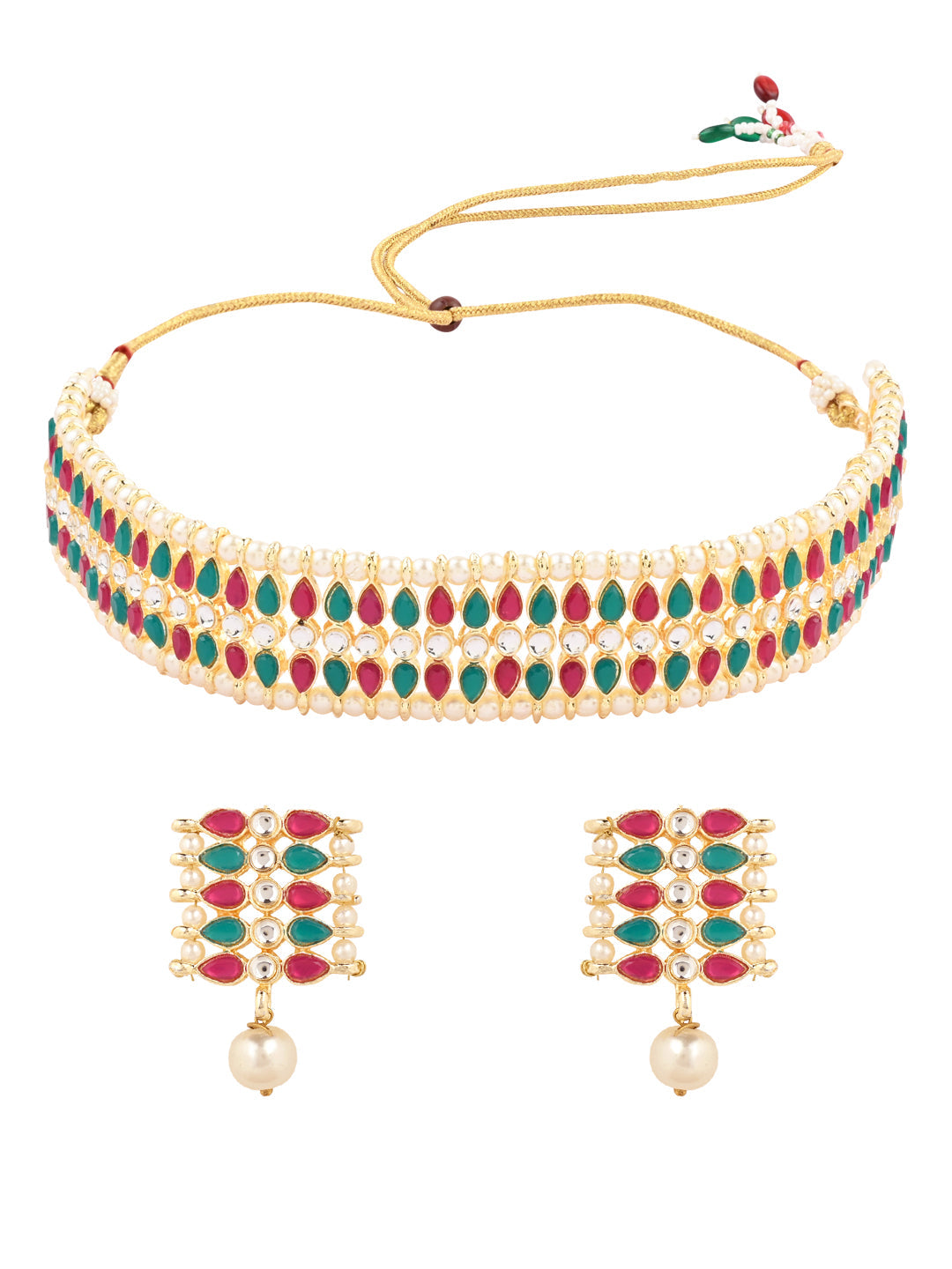 Gold-Polished Traditional Peach Pearl & Kundan Studded Choker Necklace Jewellery Set For Women/Girls - Wahe Jewels - Swadesiicart