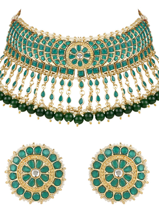 Gold-Polished Traditional Kundan & Pearl Studded Choker Necklace Set For Women/Girls - Wahe Jewels - Swadesiicart