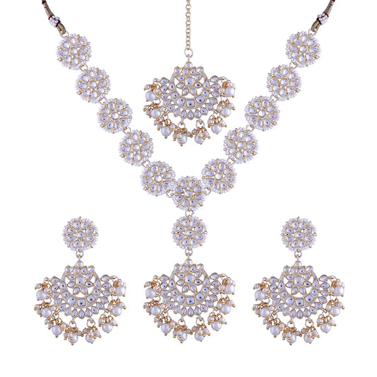 Gold-Polished Traditional Pearl Kundan Studded Jewellery Necklace Set with Maang Tikka for Women - Wahe Jewels - Swadesiicart