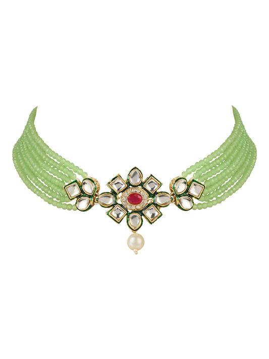 Gold-Polished Traditional Choker Set Glided With Kundan & Beads For Women/Girls - Wahe Jewels - Swadesiicart