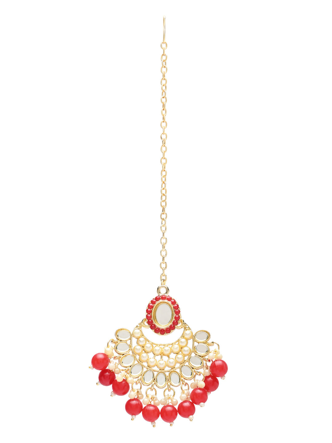 Gold-Polished Traditional Handcrafted Mirror And Pearl Work Choker Necklace Jewellery With Chandbali Earrings & Maang Tikka Set For Women & Girls - Wahe Jewels - Swadesiicart