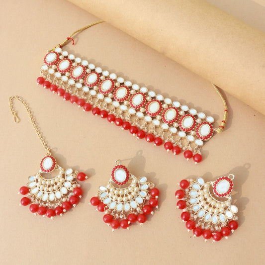 Gold-Polished Traditional Handcrafted Mirror And Pearl Work Choker Necklace Jewellery With Chandbali Earrings & Maang Tikka Set For Women & Girls - Wahe Jewels - Swadesiicart
