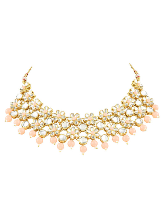 Gold-Polished Traditional Kundan Studded Bridal Choker Necklace & Drop Earrings Jewellery Set For Women/Girls - Wahe Jewels - Swadesiicart