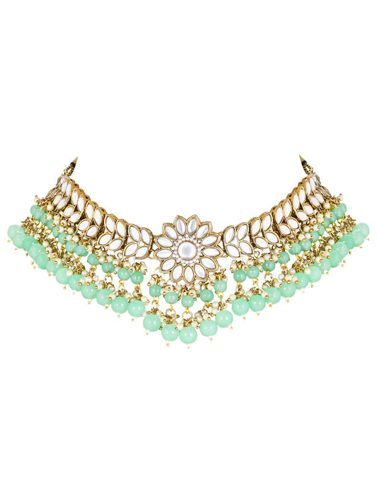 Gold-Polished Traditional Kundan Studded Mint Pearl Hanging Choker Necklace Jewellery Set With Earrings & Maang Tikka For Women & Girls - Wahe Jewels - Swadesiicart