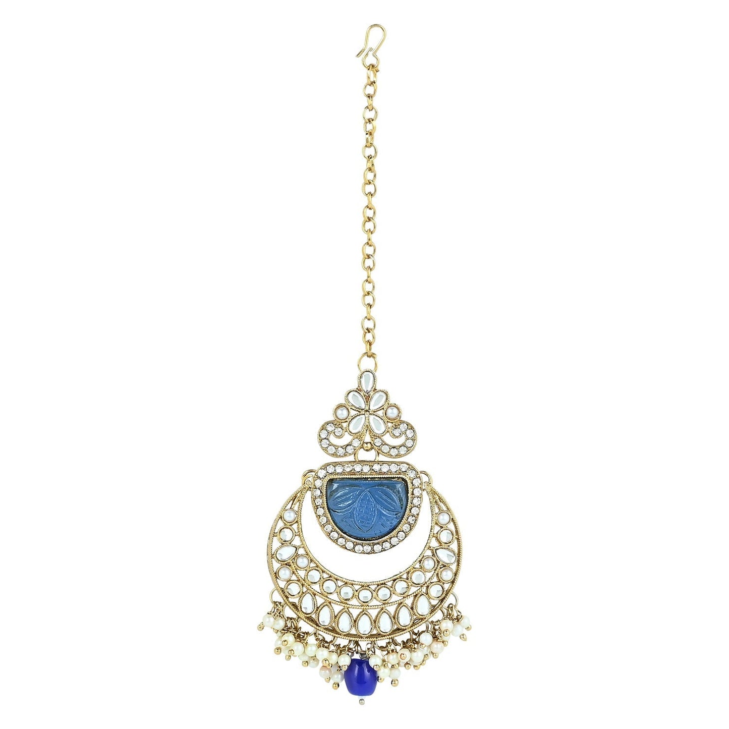 Gold-Polished Traditional Pearl Kundan & Stone Studded Jewellery Necklace Set with Maang Tikka for Women - Wahe Jewels - Swadesiicart