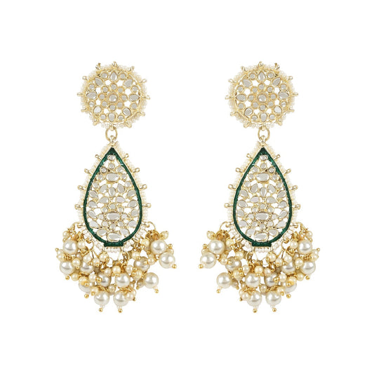 Gold-Polished Traditional Pearl Kundan Meenakari Floral Necklace With Earring Maang Tikka & Finger Ring Set For Women And Girls - Wahe Jewels - Swadesiicart