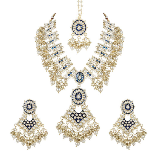Gold-Polished Traditional Pearl Kundan Studded Meenakari Necklace With Earring Maang Tikka Set For Women And Girls - Wahe Jewels - Swadesiicart
