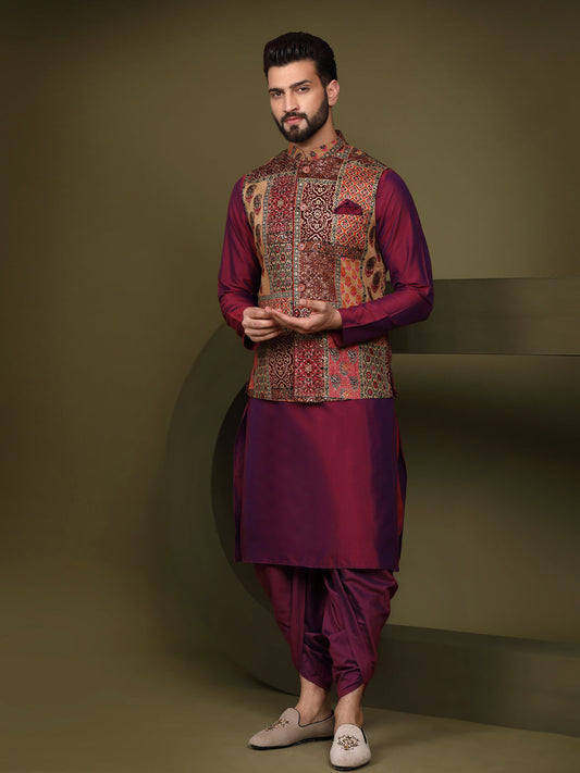 Kisah Men Maroon Printed Kurta Jacket Dhoti Set | Swadesiicart