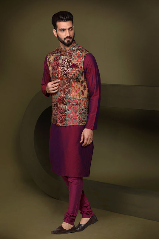 Kisah Men's Multi Color Kurta Jacket Churidar Set | Swadesiicart