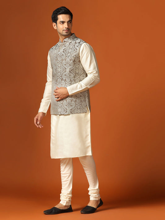 Kisah Men's Grey Kurta Jacket with Churidar Set | Swadesiicart