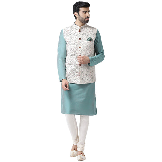 Kisah Men Off-White Printed Kurta Jacket Churidar Set | Swadesiicart