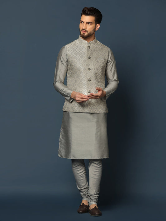 Kisah Men Grey Textured Kurta Jacket Churidar Set | Swadesiicart