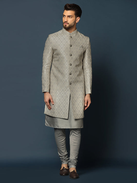 Kisah Men's Grey Textured Kurta with Indo-Western Jacket and Churidar Set | Swadesiicart
