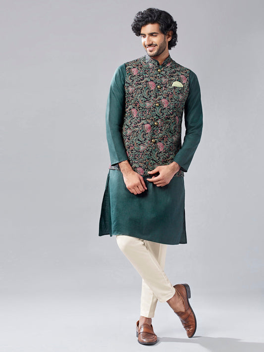 Kisah Men's Multi-Coloured Printed Kurta with Jacket and Trouser Set | Swadesiicart