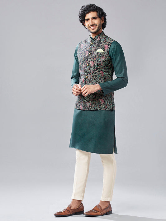 Kisah Men's Multi-Coloured Printed Kurta with Jacket and Trouser Set | Swadesiicart