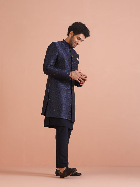Kisah Men Navy Blue Textured Kurta Indowestern Trouser Set | Swadesiicart