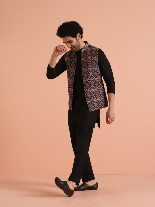 Kisah Men Multi Printed Patola Print Kurta Jacket Trouser Set | Swadesiicart