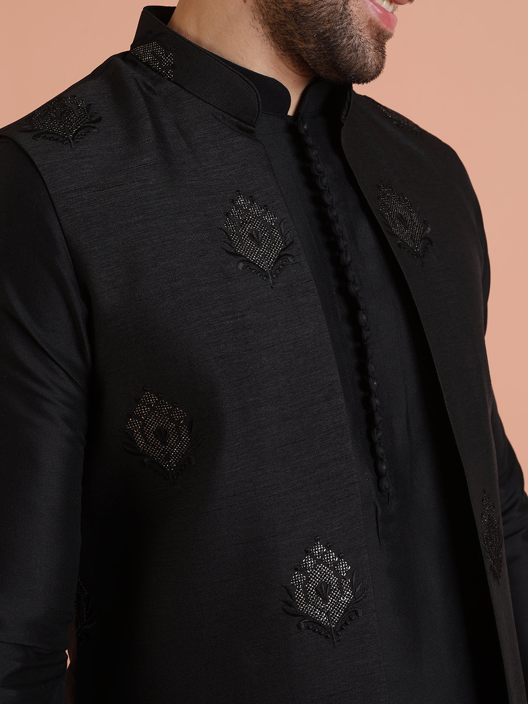 Kisah Men's Black Kurta Jacket Trouser Set | Swadesiicart