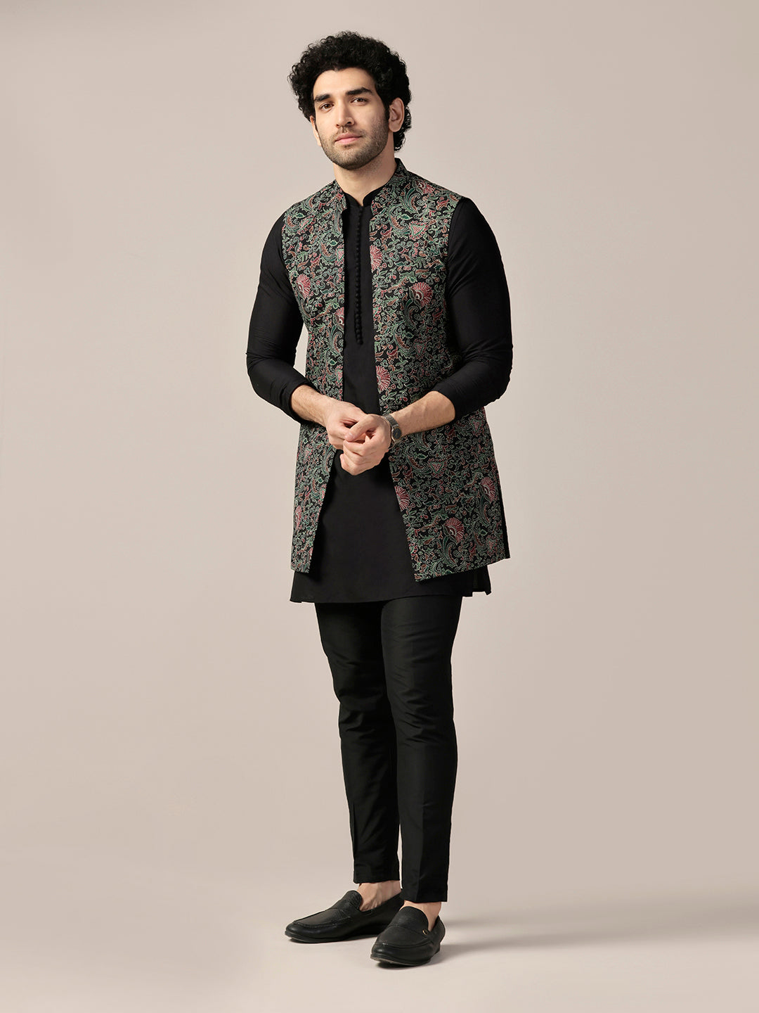 Kisah Men's Black Printed Med-Length Open Kurta with Jacket and Trouser Set | Swadesiicart