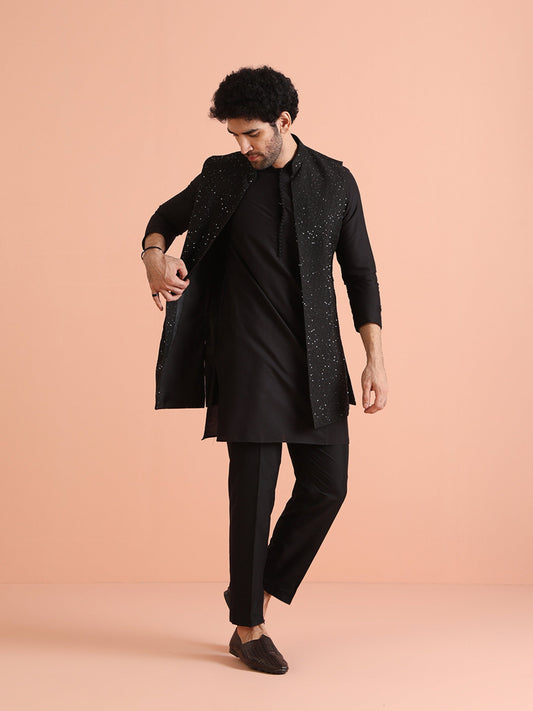 Kisah Men Black Embellished Kurta Nehru Jacket Trouser Set | Swadesiicart