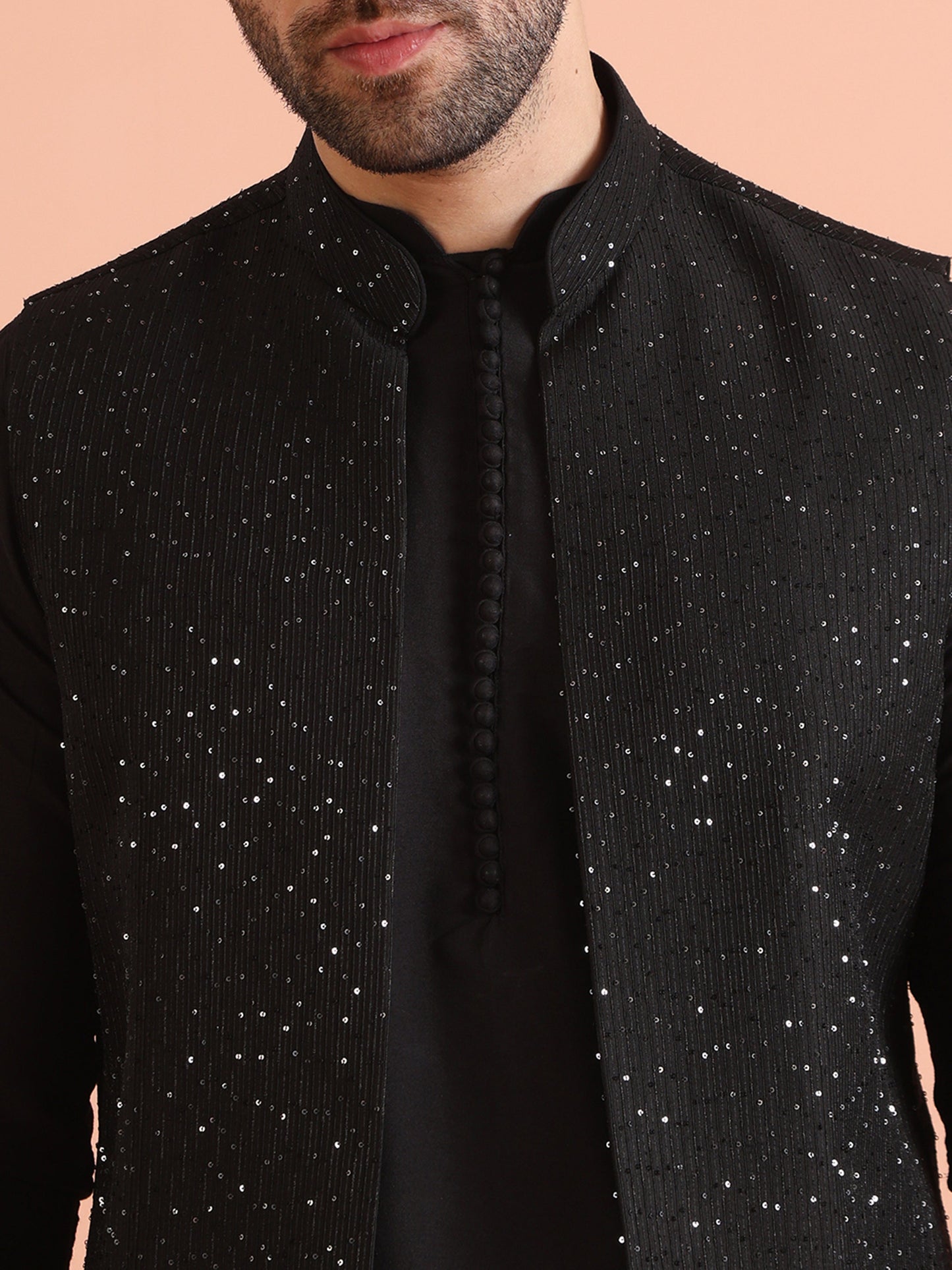 Kisah Men Black Embellished Kurta Nehru Jacket Trouser Set | Swadesiicart