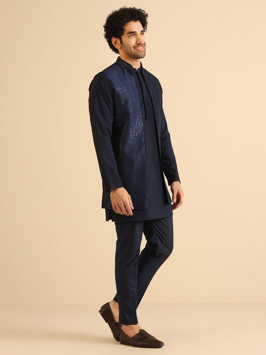 Kisah Men Navy Blue Kurta Jacket Trouser Set | Swadesiicart