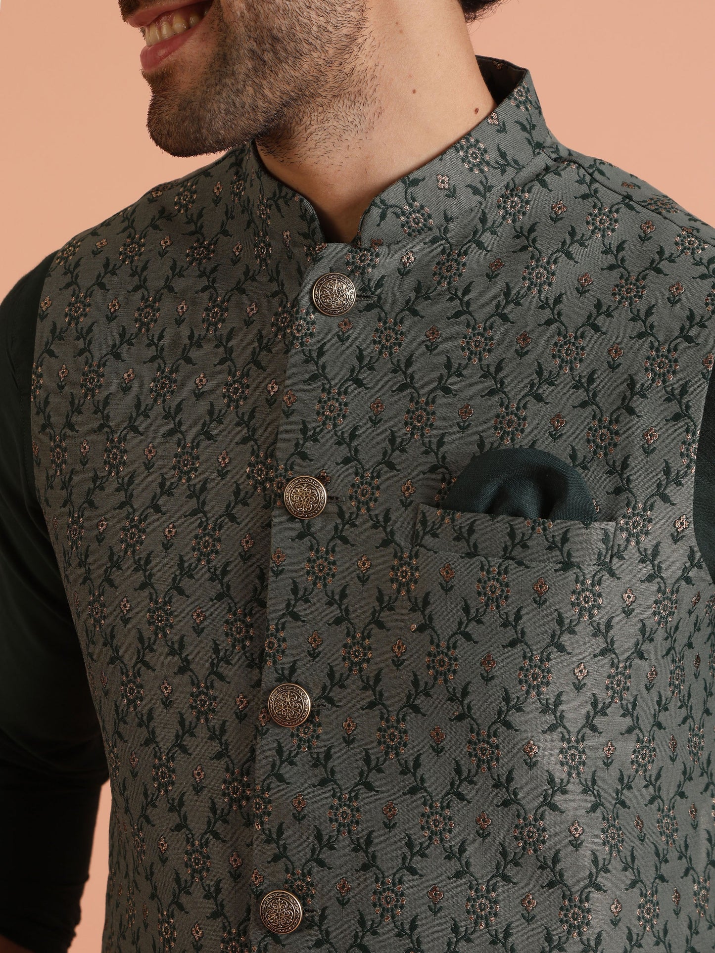 Kisah Men Green Woven Design Floral Kurta Jacket Trouser Set | Swadesiicart