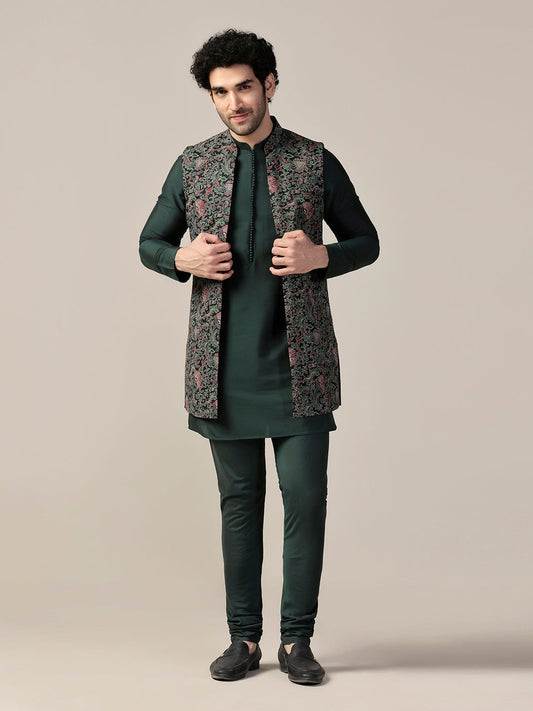 Kisah Men's Multi-Color Jacket with Green Kurta Churidar Set | Swadesiicart