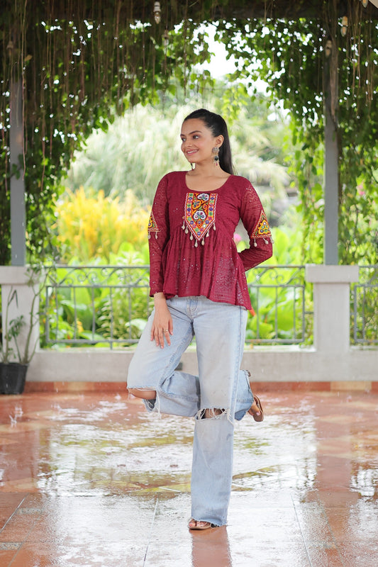 Prazu Fashion Maroon Georgette Schiffli Work Kutchi Gamthi Patch Work Navaratri Top - Swadesiicart