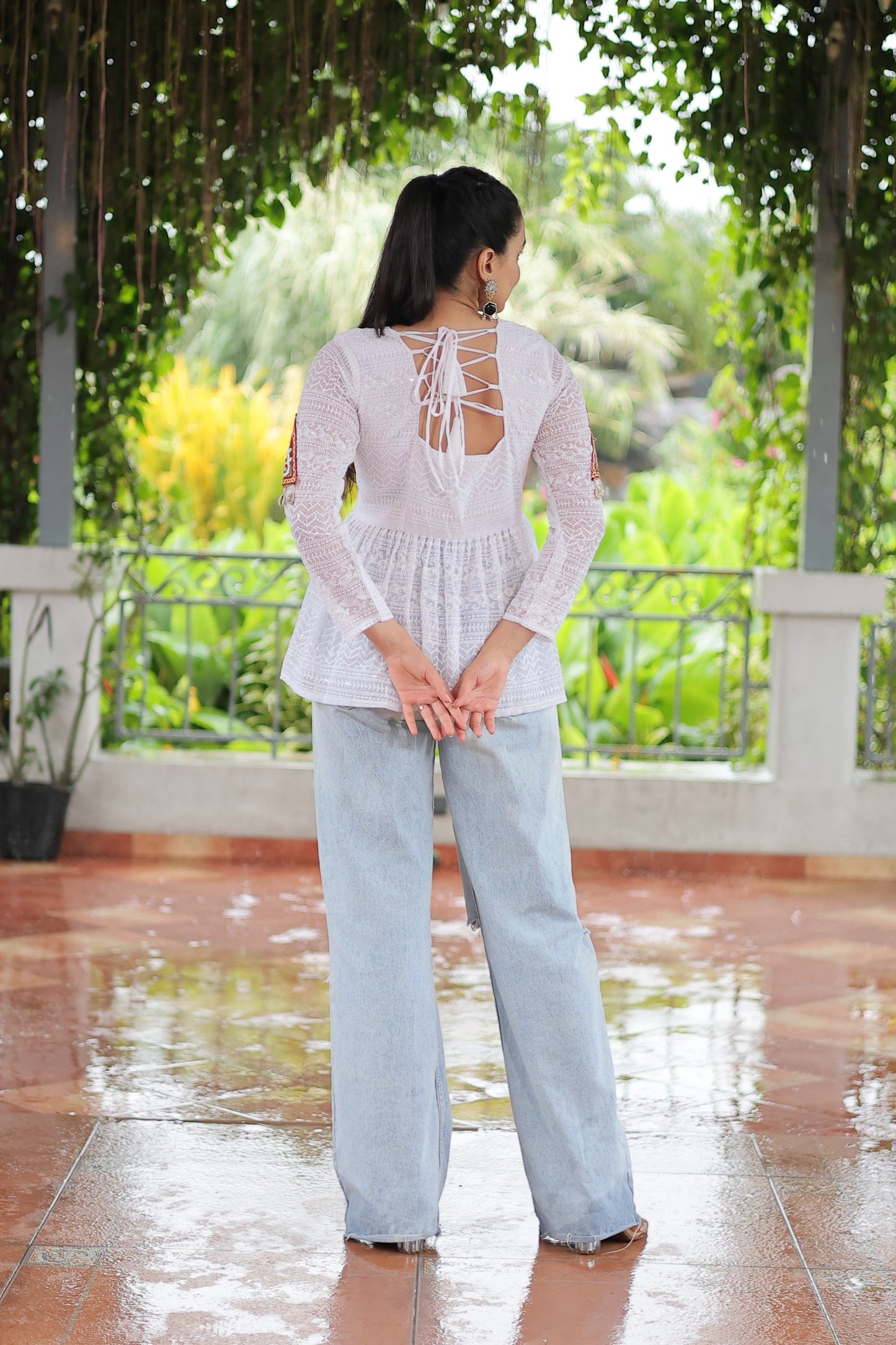 Prazu Fashion Off White Georgette Schiffli Work Kutchi Gamthi Patch Work Navaratri Top - Swadesiicart