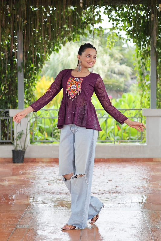 Prazu Fashion Wine Georgette Schiffli Work Kutchi Gamthi Patch Work Navaratri Top - Swadesiicart