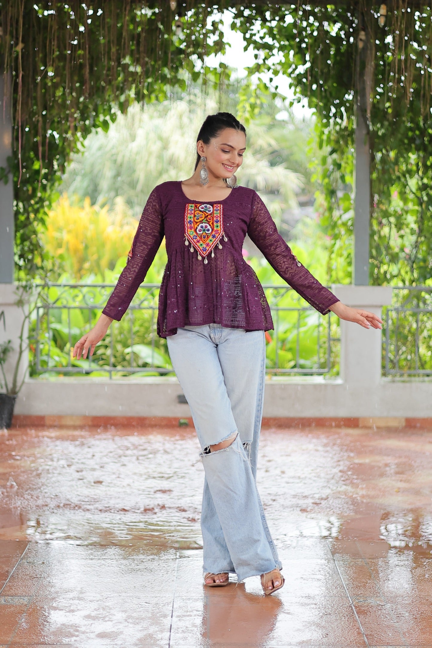 Prazu Fashion Wine Georgette Schiffli Work Kutchi Gamthi Patch Work Navaratri Top - Swadesiicart
