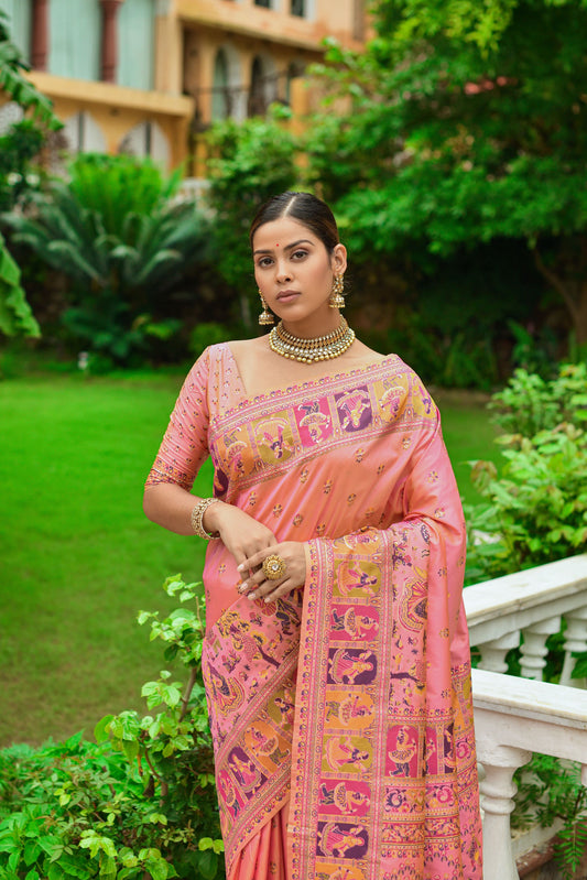 Vishnu Weaves Women's Peach Banarasi Silk Kashmiri Woven Saree with Blouse - Swadesiicart