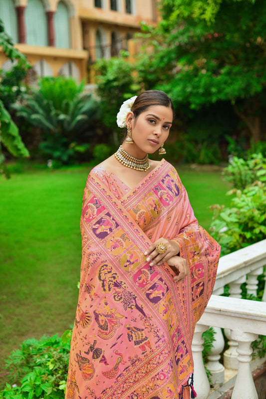 Vishnu Weaves Women's Peach Banarasi Silk Kashmiri Woven Saree with Blouse - Swadesiicart