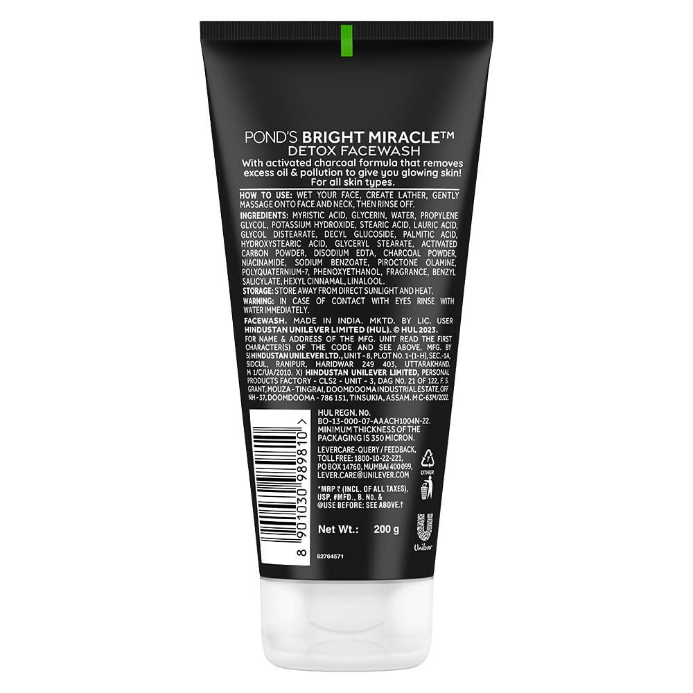 Ponds Bright Miracle Detox Facewash 10X Power of Activated Charcoal For Deep Cleaned Skin, Reveals Glow | Swadesiicart