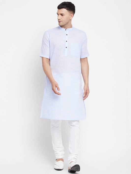 Even Apparels Blue Color Pure Cotton With Band Collar Men's H/S Kurta | Swadesiicart