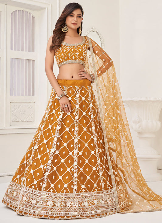 Vegaa Fashion Yellow Butterfly Net Embroidery Thread Designer Lehenga - Swadesiicart