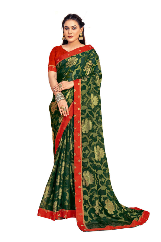 Vamika Dark Green Designer Chiffon Brasso Saree With Exclusive Banarasi Lace | Swadesiicart