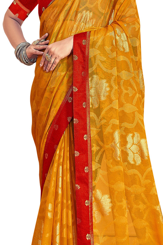 Vamika Yellow Designer Chiffon Brasso Saree With Exclusive Banarasi Lace | Swadesiicart