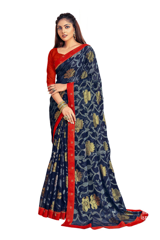 Vamika Navy Blue Designer Chiffon Brasso Saree With Exclusive Banarasi Lace | Swadesiicart