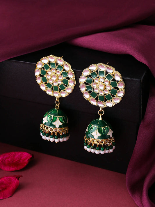 NVR Women Gold-Polished Green Dome Shaped Meenkari Jhumkas Earrings | Swadesiicart