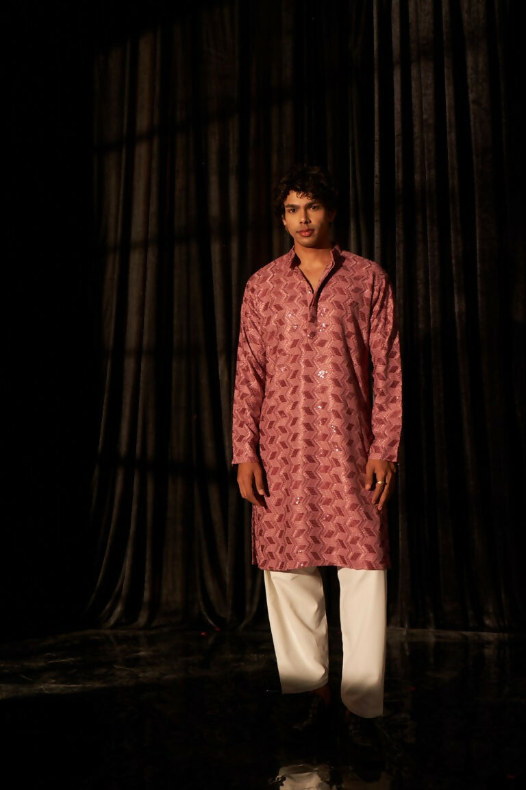 Pink viscose Chikankari Embroidery Work Men's Traditional Kurta Set - Mahotsav | Swadesiicart