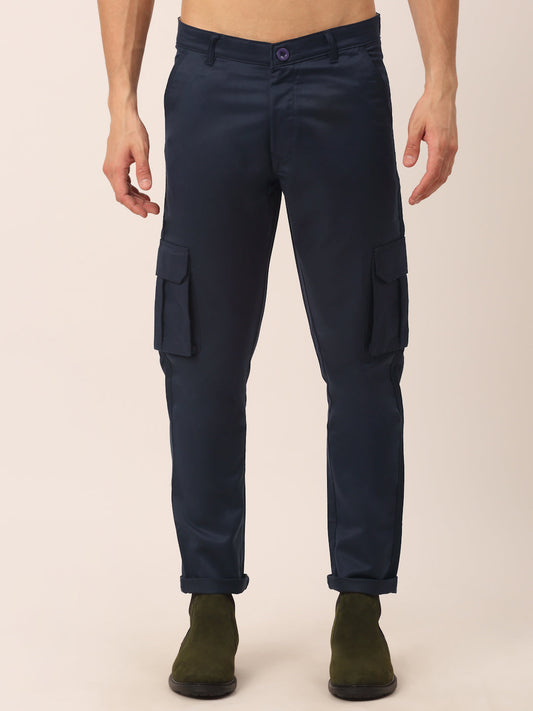 Jainish Men's Casual Cotton Solid Cargo Pants ( KGP 154 Navy-Blue ) - Swadesiicart