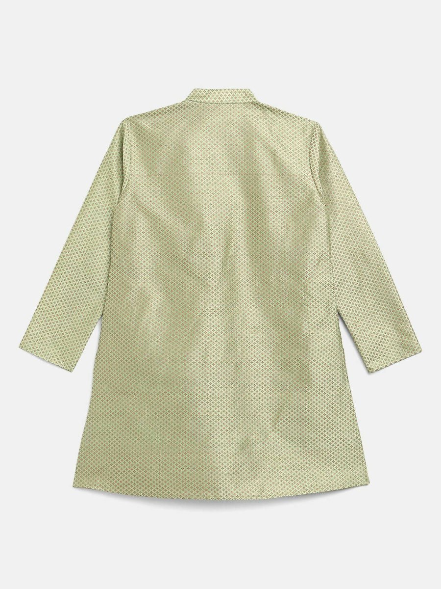 Ahalyaa Green Poly Silk Gold Print Kids Kurta Churidar Set For Boys | Swadesiicart