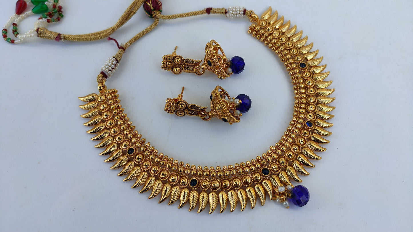Metallic Necklace set with Blue Agate Stones - Swadesiicart